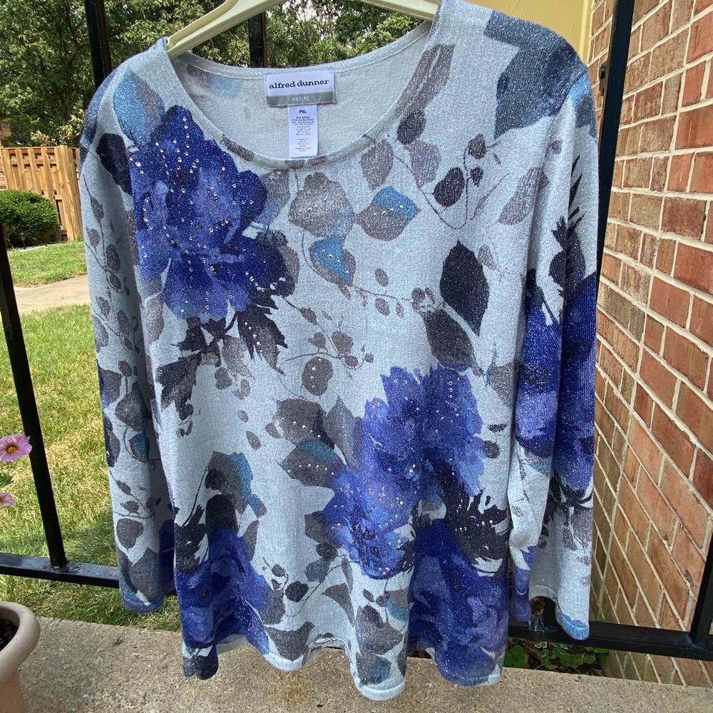 Alfred Dunner Blue Floral Long-Sleeve Sweater